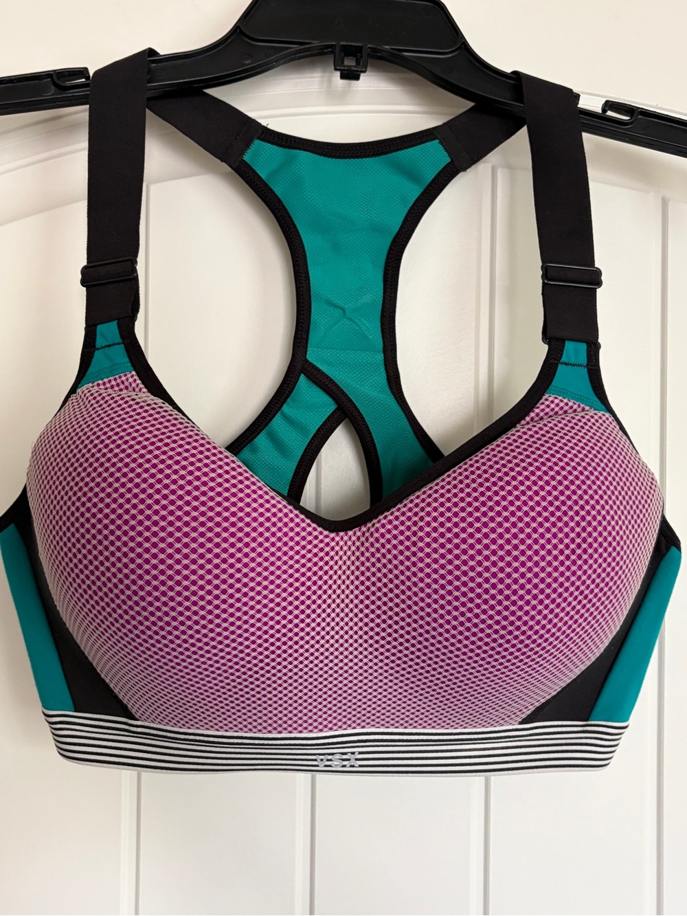 VSX Teal and Purple High-Support Mesh Sports Bra with Striped Band